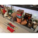 Shelf of china, old tins, flags & album of cigaret