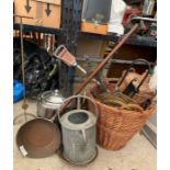 Brass coal bucket, galvanized watering can with va