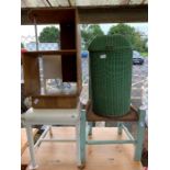 2 wooden chairs, wooden shelf & laundry basket
