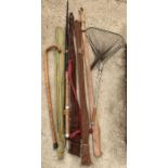 Quantity of fishing rods, net & walking stick