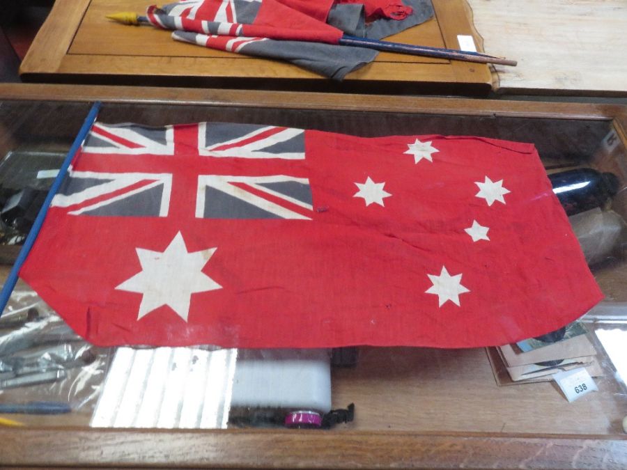 Shelf of china, old tins, flags & album of cigaret - Image 7 of 11