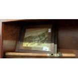 2 framed pictures & Chinese pipe