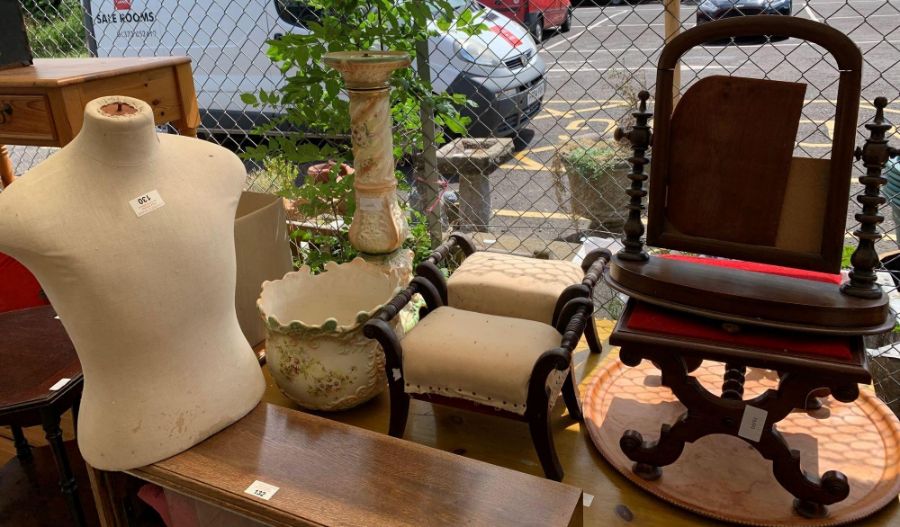 Pair of Victorian footstools together with a ceram