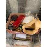 Box of collectables, knives, postcards, brass orna