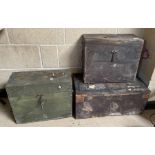 Three wooden storage boxes, one stamped with milit