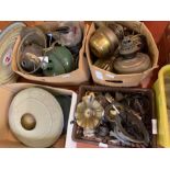 A quantity of oil lamp burners, lamp parts, bases