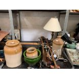 Earthenware jars, mid century Pifco desk lamp,