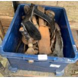 Crate of assorted tools including brass foot pumps