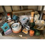 Shelf of items to include vintage weighing scales,