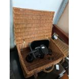 Set of vintage kitchen scales in a wicker basket