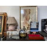 Framed picture, table lamp, brassware, candle stic