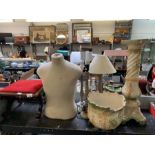 Footstool, mannequin torso, 3 table lamps & jardin