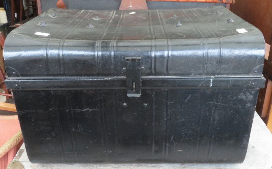 Large black painted tin trunk