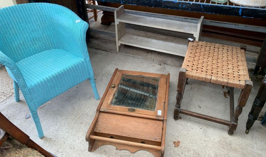 Blue Lloyd Loom style chair, cupboard & footstool