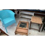 Blue Lloyd Loom style chair, cupboard & footstool