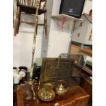 Brass and onyx standard lamp, fire guards and othe