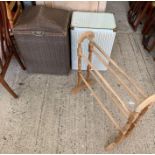 Two Lloyd Loom style linen baskets and towel rail