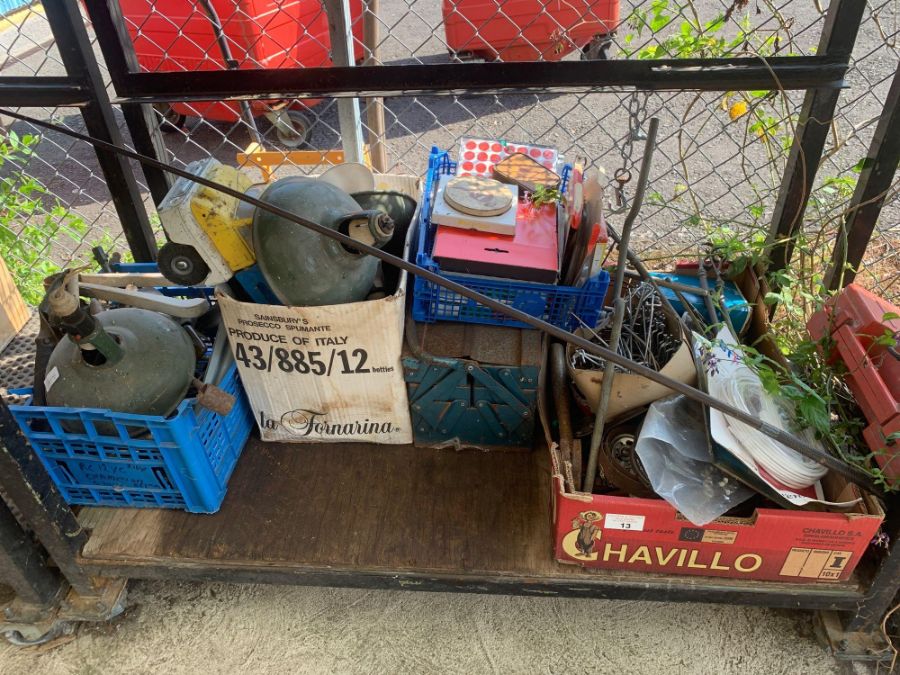 Toolbox, enamel lampshades, vintage toys etc