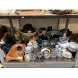 Shelf of chinaware including meat dishes, jugs, gl