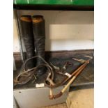 Selection of riding crops, riding boots & other as