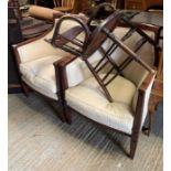 2 fabric seated chairs & wooden armchair