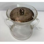 A two handled glass preserve pot with a silver pul