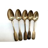 A set of five Irish silver rat tail tea spoons, by