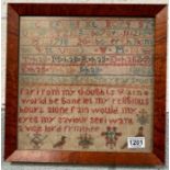 A framed Victorian sampler, decorated in colourful