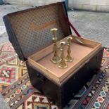 An early 20th century wood bound dome top trunk, c