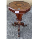 A Victorian walnut veneer sewing table with decora
