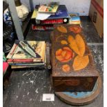 Victorian beaded tray, wooden box, games & Commando magazines