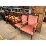 6 pink seated dining chairs along with 2 armchairs