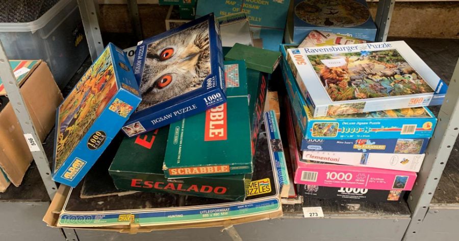 Shelf of puzzles, Scrabble, Escolada etc