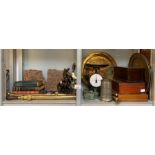 Shelf of collectables to include 2 Victorian brass
