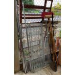 5 brooms, garden tools & set of metal racking