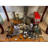 Collection of silver plated items to include cutlery, brass vases, old tins &