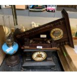 Slate mantel clock, a wall clock and an oil lamp