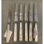 6 mother of pearl knives with silver blades