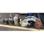 Painted garden ornaments, cat, hedgehog, bridge, s