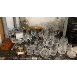 Shelf of cut glass, etched glass, decanter, jug, b