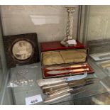 Silver plated candlestick, framed picture, hat pins, knives etc