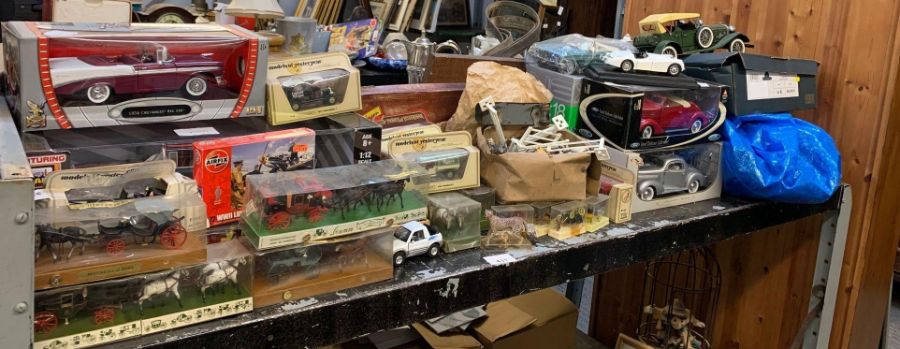 Shelf of models of Yesteryear, boxed car models, waggon & horse models, farm animals etc