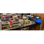 Shelf of models of Yesteryear, boxed car models, waggon & horse models, farm animals etc