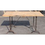 Blacksmiths iron trestle base table with two plank