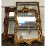 2 mirrors in gilt frames & 1 wooden frame mirror