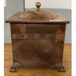 A Victorian square copper coal bin, decorated with