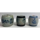 Three Chinese blue and white scroll weights