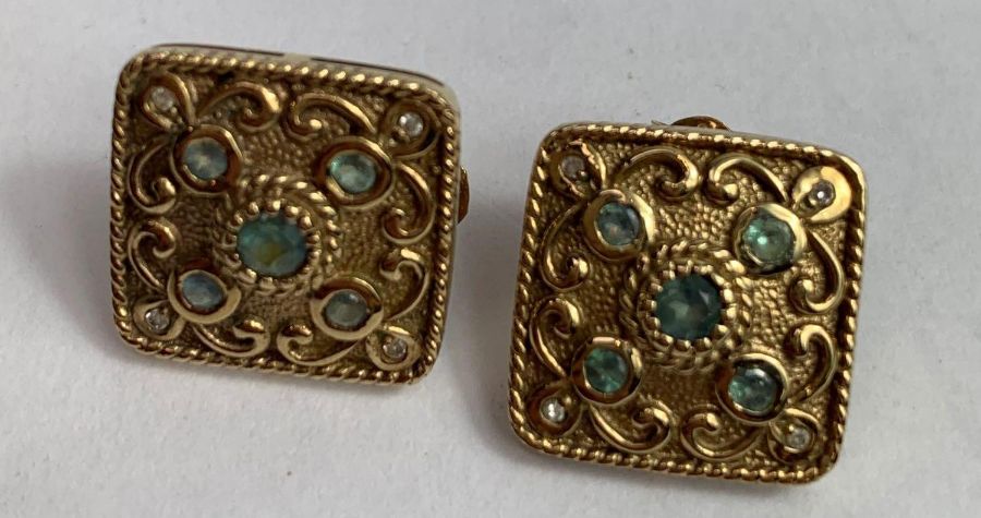 A pair of 9 carat gold stone set square panel ear - Image 2 of 4