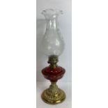 An unusual Victorian oil lamp with decorative bras