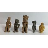 Three clay pre-Columbian figures, a carved hardsto